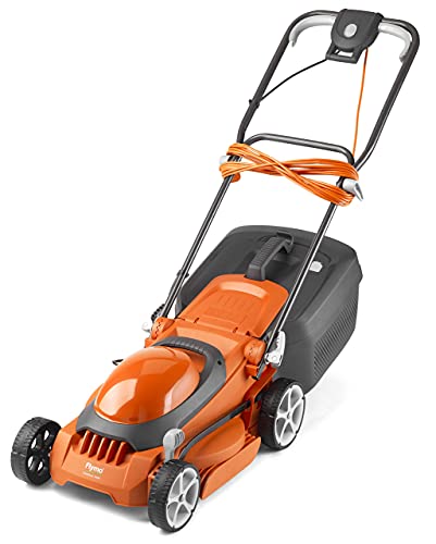 Flymo EasiStore 340R Electric Rotary Lawn Mower - 34 cm Cutting Width, 35 Litre Grass Box, Close Edge Cutting, Rear Roller, Central Height Adjust , Space Saving Storage Features