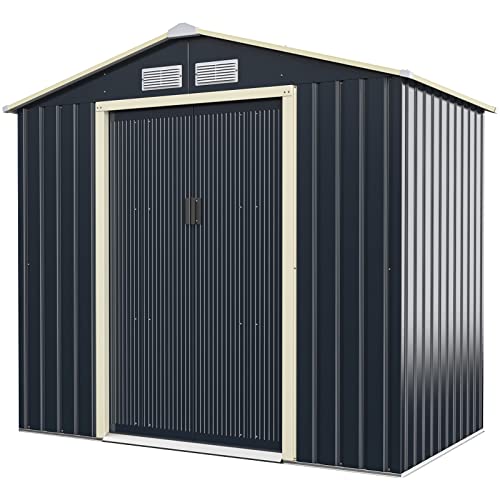 COSTWAY 7’x4’/9’x6’ Metal Storage Shed, Outdoor Lockable Tool Storage Box with 4 Vents, Double Sliding Door and Sloped Roof, Weatherproof Garden Shed House Hut (7 X 4 FT)