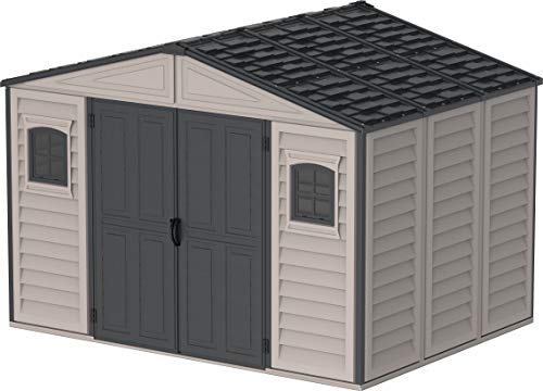 Duramax WoodBridge II 10.5 x 8 PLUS Plastic Garden Shed with Metal Foundation Kit and 2 Fixed Window - Strong Metal Roof Structure Fire Retardant and Maintenance-Free Storage Shed - Dark Grey/Adobe