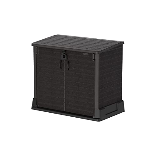 Duramax Cedargrain StoreAway 850L Plastic Garden Storage Shed - Outdoor Storage Shed – Durable & Strong Construction – Ideal for Tools, Bikes, BBQs & 2x 120L Garbage Bins, 130x74x110 cm, Dark Brown