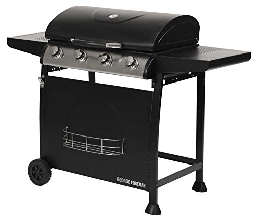 George Foreman 4 Burner Gas BBQ with Automatic Ignition & Integrated Thermometer, Black, Gas Barbecue, 2 Wheels Fitted Rack with 2 Shelves, GFGBBQ4B