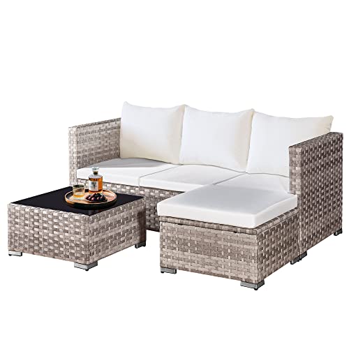 ASOWNSUN 4 Seater Rattan Garden Furniture Sets, All-Weather PE Rattan Outdoor Sofa Furniture Set, L Shape Patio Sofas Set Small Patio Conversation Set with Coffee Table, Footstool, Cushions