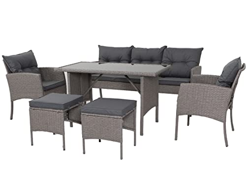 GardenCo Rattan Wicker 7 Seat Dining Set - Outdoor Garden Patio Backyard or Conservatory Furniture Set - including Sofa, Chairs, Armchairs, Stools and Dining Table with Glass Top