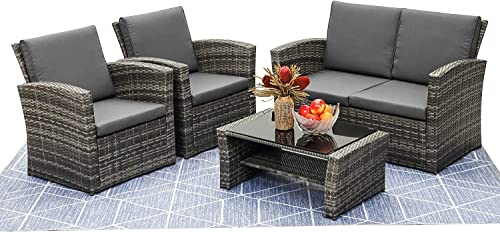 Mixed Grey Outdoor Rattan Garden Furniture Set with Charcoal Grey Cushions Luxury 4 Seater Sofa with Modern Wicker Weave Chairs and Coffee Table For Conservatory, Sun Room, Patio. FREE RAIN COVER
