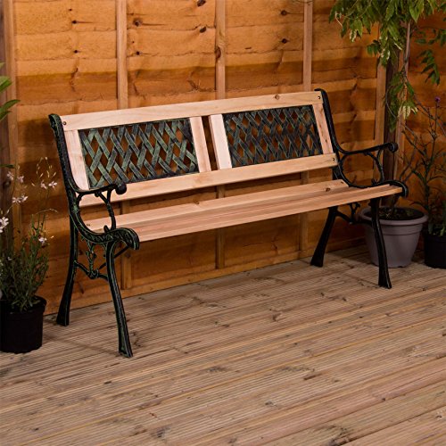 Garden Vida Garden Bench, Twin Cross Style Design 3 Seater Outdoor Furniture Seating Wooden Slats Cast Iron Legs Park Patio Seat