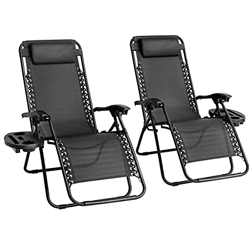 Straame Garden | Zero Gravity Chair | Set of 2 | Heavy Duty Textoline | Outdoor & Garden Sunloungers | Reclining & Folding Chair with Cup Holder and Headrest Pillow