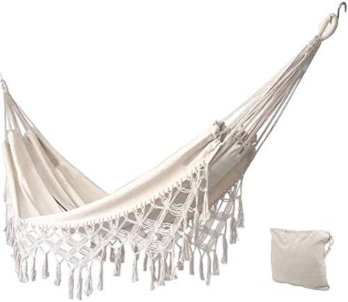 Outdoor Garden Hammock Double Beach Vacation Camping Climbing Traveling Hiking Picnic Outdoor Recreation suitable for 2 adults(White Cotton Canvas Brazilian Style, max load 400lbs)