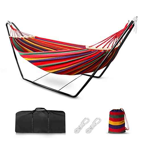 Letshine Hammock with Stand, Garden Outdoor Double Person Hammock and Frame, Kids Adults Camping Swing with Metal Stand, Portable Cotton Hammock including Carrying Bag (red)