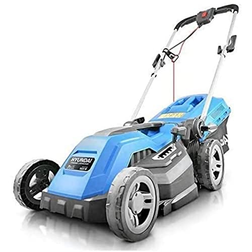 Hyundai HYM3800E 1600W 230V Corded Electric Rotary Lawnmower With Rear Roller, 38cm Cutting Width, Mulching, 30L Grass Box, 5 Cutting Heights, 10M Power Cable, Blue