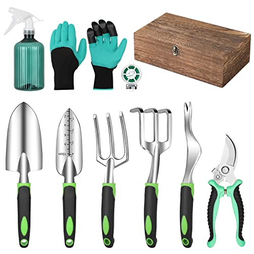 Gardening Tools Set 10 Pcs Heavy Duty Garden Tools with Wooden Box Gardening Equipment with Garden Fork Weed Remover Tool Shovels Shears Sprayer Gardening Starter Kit Gifts for Women and Men