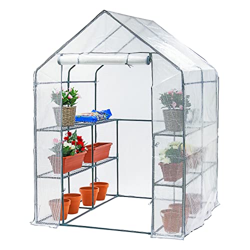 Taylor & Brown Large Walk In Greenhouse with 8 Shelves Cold Frame Large Reinforced White PE Plastic Outdoor Garden Steel Frame Plants Shelf Grow House - W143 x D143 x H195cm