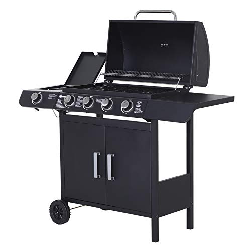 Outsunny Portable 4+1 Gas Burner Grill BBQ Trolley Backyard Garden Smoker Side Burner w/Storage Side Table For Party,Camping And Picnic
