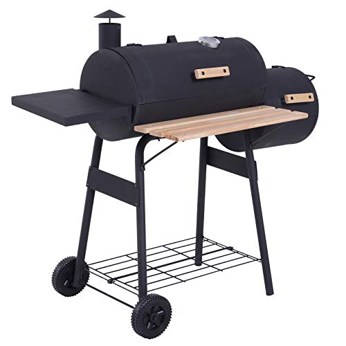 Outsunny Charcoal Barbecue Grill with Offset Smoker, Barrel BBQ Trolley with 3 Storage Shelves & Thermometer for Outdoor Garden Camping Picnic Cooking, Black