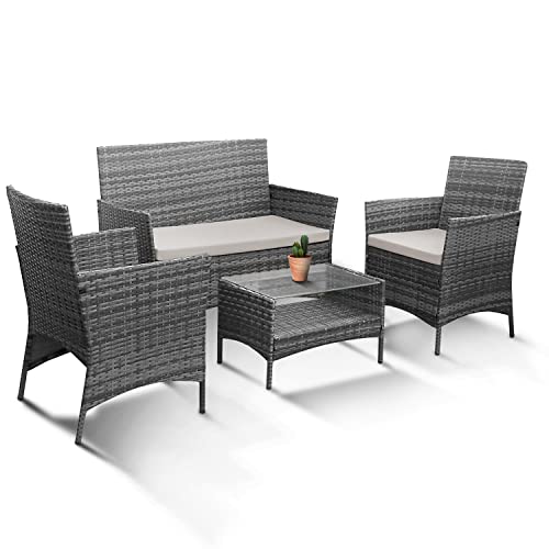 KEPLIN 4pc Rattan Garden Furniture Set – Outdoor Lounger Sofa, Chairs and Table Bistro Set for Lawn, Patio, Inside Conservatory – Easy to Store, Stackable, Ideal for Dining in the Sun (Grey)