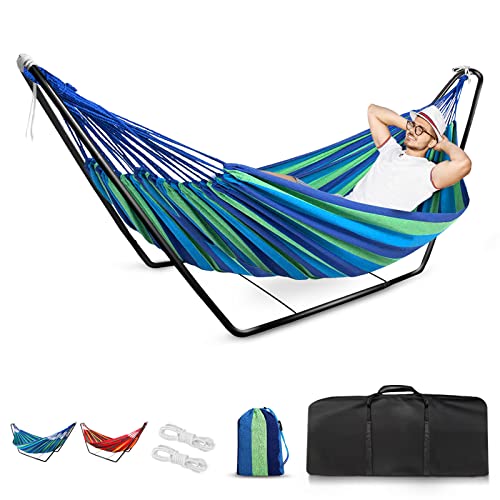 Hammock with Stand, Double Cotton Hammock with Spreader Bars, Space-Saving and Adjustable Steel Stand Perfect for Garden Camping Travel Backyard, including Portable Carrying bag and Easy Set up