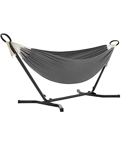SONGMICS Hammock with Stand, 210 x 150 cm Hammock, 5 Adjustable Heights, Portable Hammock with Metal Frame, 240 kg Load Capacity, for Patio, Garden, Yard, Black Stand and Grey Hammock GHS001G01