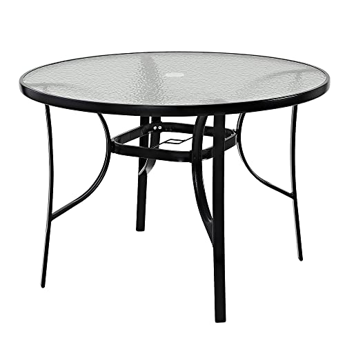 Panana 105cm Round Garden Dining Table Tempered Glass Top Metal Frame Outdoor Coffee Table with Parasol Umbrella Stand Hole Patio Balcony Backyard