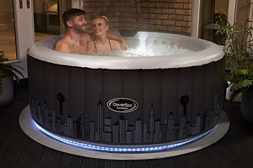 CleverSpa Manhattan 4 Person Round Inflatable Outdoor Bubble Spa Hot Tub with 130 Airjets, 365 Freezeguard Technology - 7 Colour LED Lights