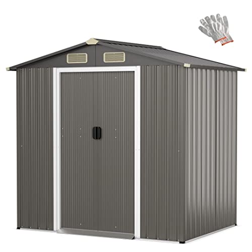 GiantexUK 6 x 4FT Metal Garden Shed, Outdoor Galvanized Storage House with 4 Air Vents and 2 Lockable Sliding Doors, Patio Slope Roof Utility Shed Building for Backyard, Garage, Lawn