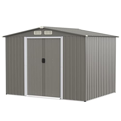 TANGZON 8 x 6 FT Metal Garden Shed, Galvanized Tool Storage House with Double Sliding Doors, Sloped Roof, Floor Foundation & 4 Louvers, Outdoor Gardening Shed Box for Patio Yard (Light Gray Roof)