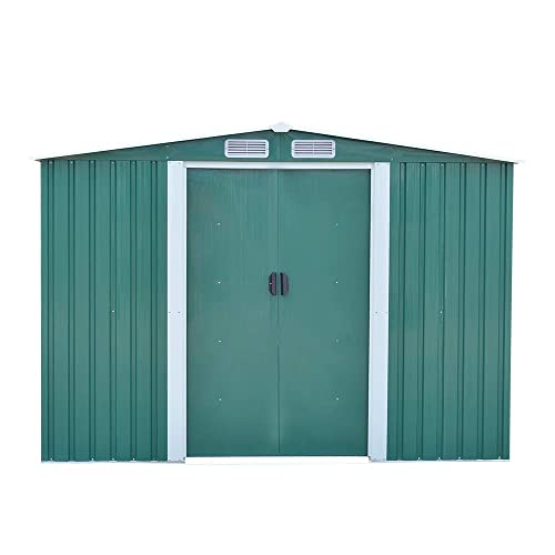 Panana 8 x 10ft Tool Storage House Metal Garden Apex Roof Storage Shed Door at 8FT side (Green)