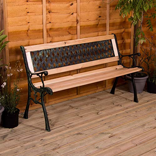 Home Discount Garden Vida Garden Bench, Cross Style Design 3 Seater Outdoor Furniture Seating Wooden Slats Cast Iron Legs Park Patio Seat