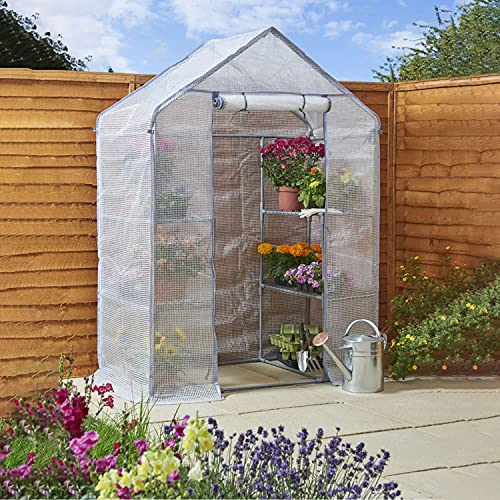 Taylor & Brown Walk In Greenhouse Compact Green House with 4 Shelves and Weatherproof PVC Plastic Cover Plant House/Grow House for Garden and Outdoor Roll up Zip Panel Door Easy No Tool Assembly