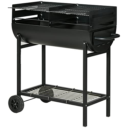 Outsunny Trolley Charcoal BBQ Barbecue Grill Cooker Patio Outdoor Garden Heating Heat Smoker with Wheels, Black 90 x 45 x 96cm