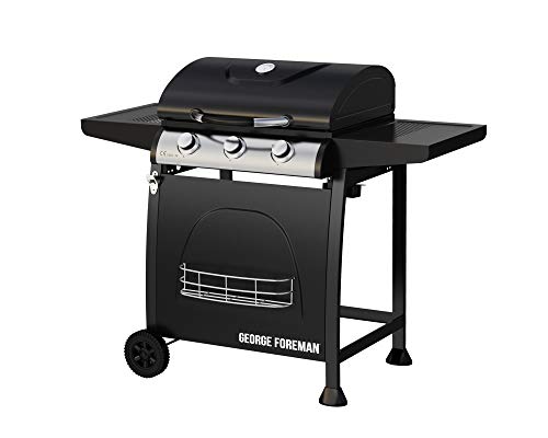 George Foreman 3 Burner Gas BBQ with Automatic Ignition & Integrated Thermometer, Black, Gas Barbecue, 2 Wheels Fitted Rack with 2 Shelves GFGBBQ3B