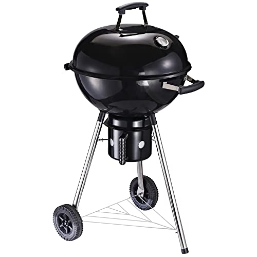 Outsunny Freestanding Kettle Charcoal BBQ Grill Portable Cooking Smoker Outdoor Camp Picnic Barbecue Cooker with Wheels and Storage Shelves