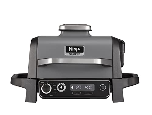Ninja Woodfire Electric BBQ Grill & Smoker [OG701UK], 7-in-1 Outdoor Grill & Air Fryer, Roast, Bake, Dehydrate, Uses Woodfire Pellets, Weather Resistant, Non-Stick, Portable, Electric, Grey/Black