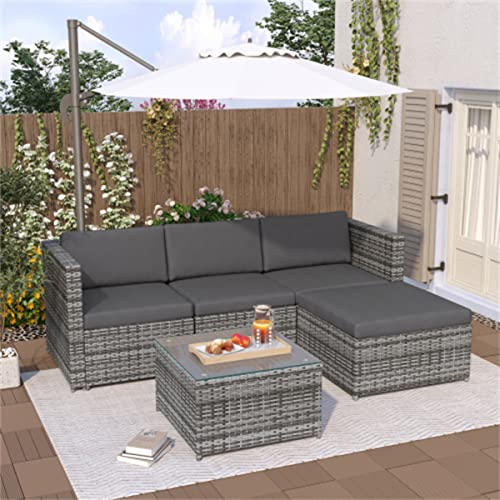 HEEM Garden Corner Sofa rattan Garden Outdoor Furniture Patio Set with Glass Coffee Table Garden Entertaining Set Garden Rattan Furniture Lounge Set (Grey)