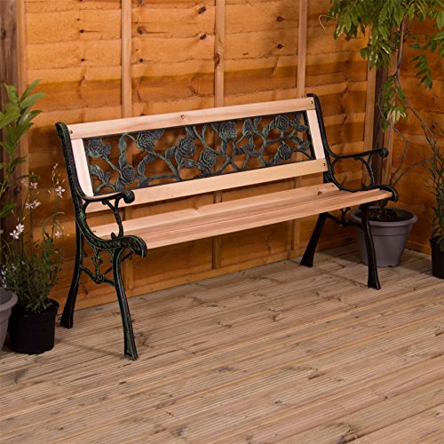 Home Discount Garden Vida Garden Bench, Rose Style Design 3 Seater Outdoor Furniture Seating Wooden Slats Cast Iron Legs Park Patio Seat